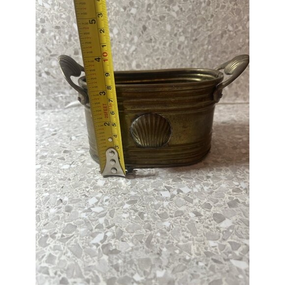 Small Brass Oval Planter Seashell Accent Handles Beautiful Patina 3” Tall Vtg - Picture 13 of 14